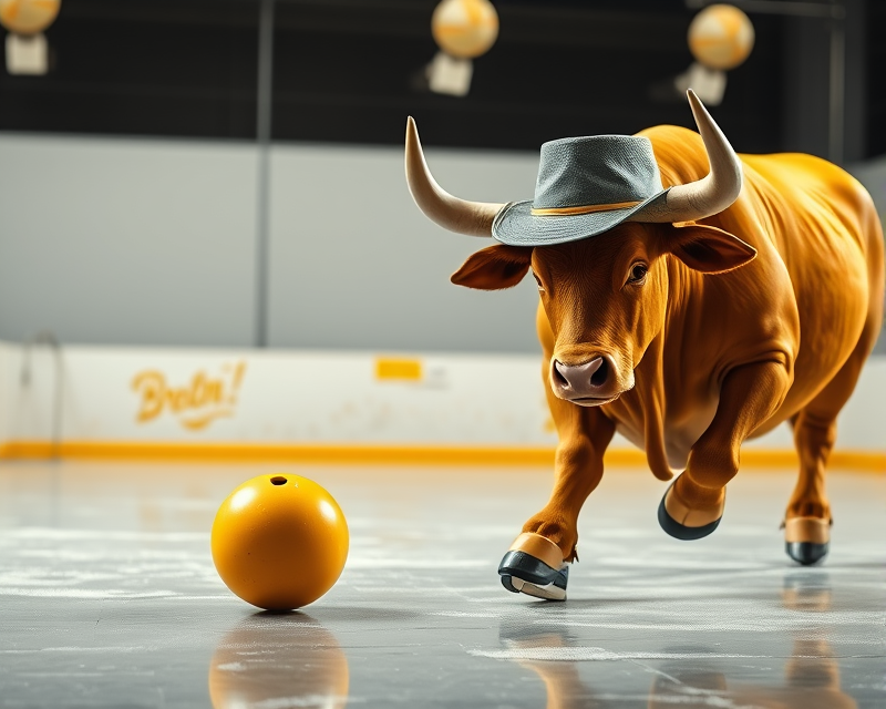 yellow, hat, bull, bowling ball, ice skate